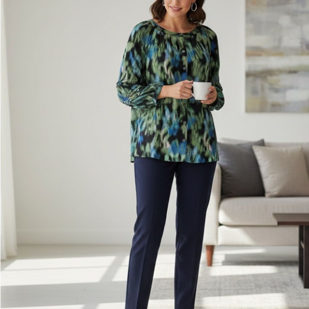 Time and Tru Peasant Blouse Green Blue Abstract Print Long Sleeve XL 16 18